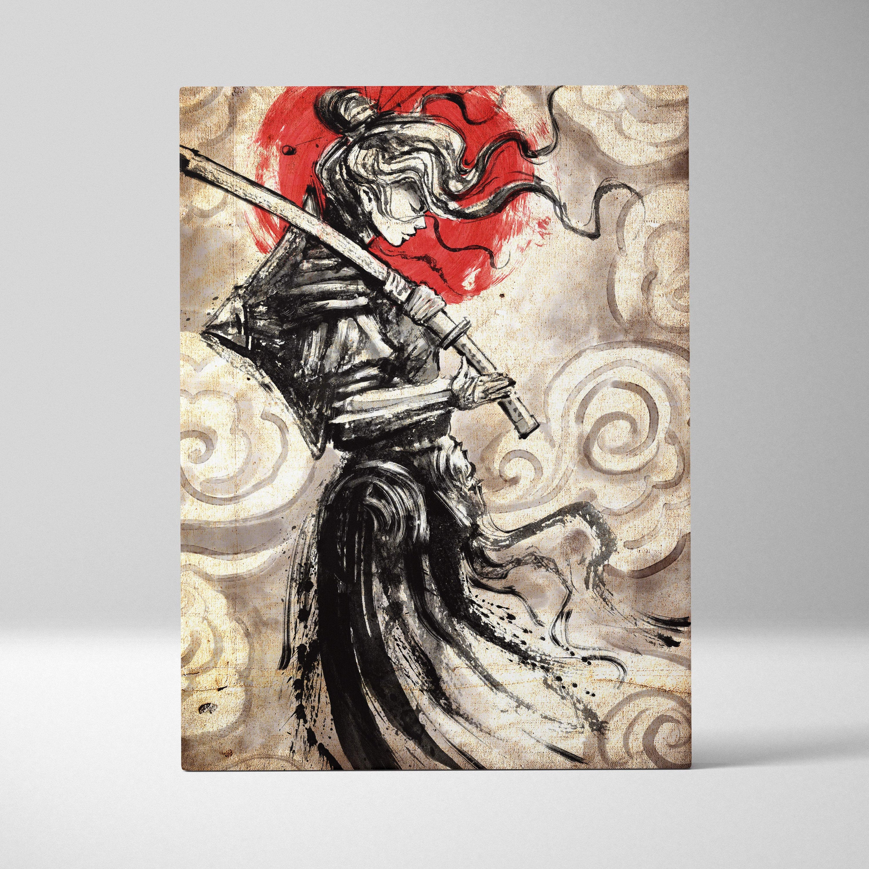 Female samurai canvas art featuring a black and white ink painting with a red sun and traditional brush style wall decor