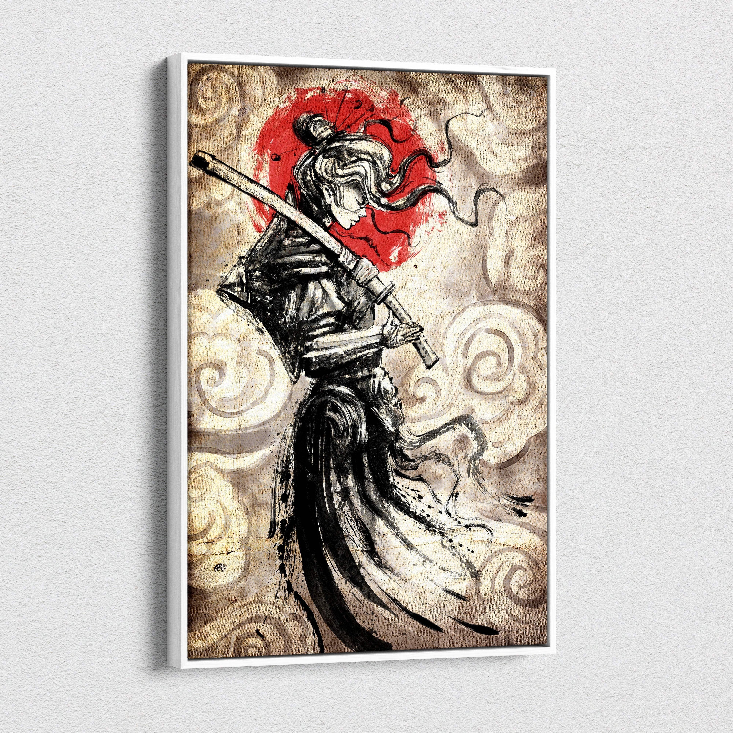 A framed female samurai canvas art in black ink and sepia tones with a red sun and swirling clouds background