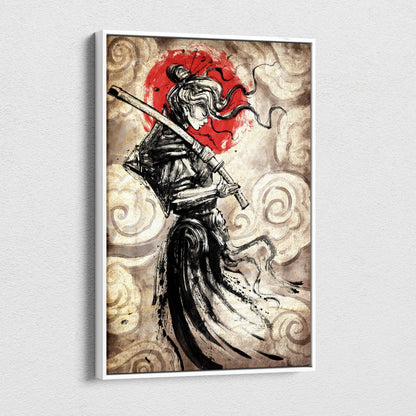 A framed female samurai canvas art in black ink and sepia tones with a red sun and swirling clouds background
