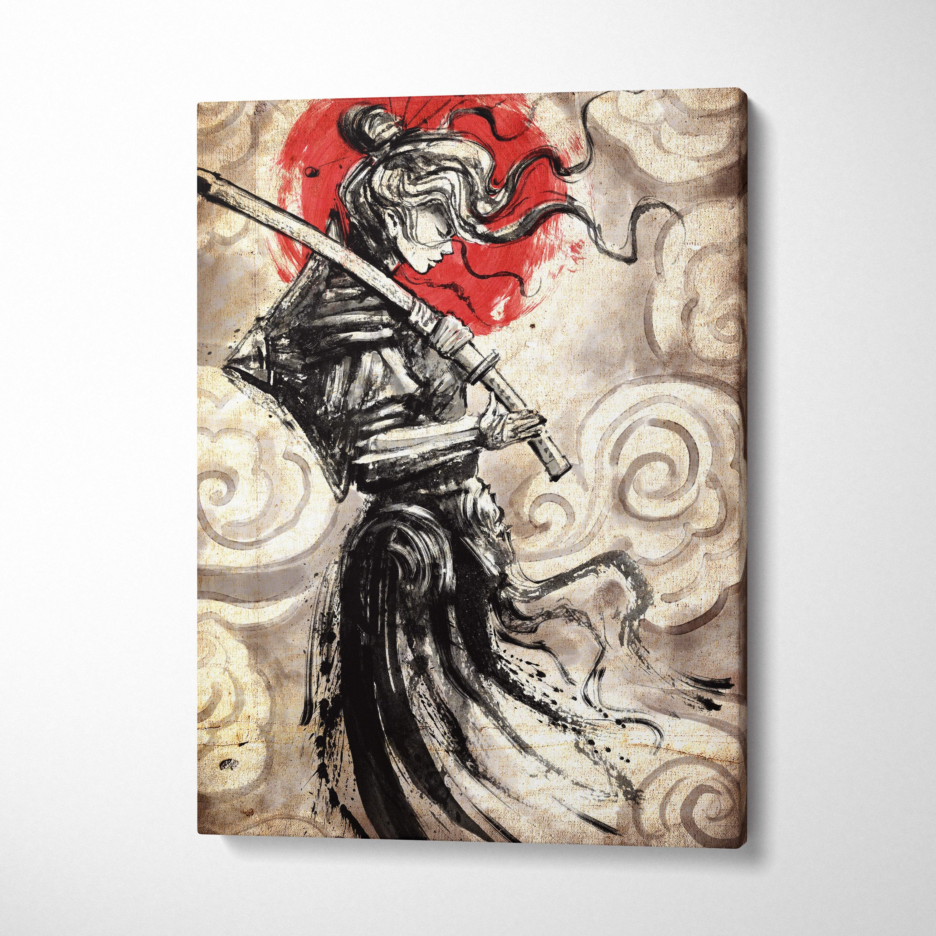 Female samurai canvas art featuring a black and red ink-styled warrior with swirling cloud motifs in minimalist brush painting