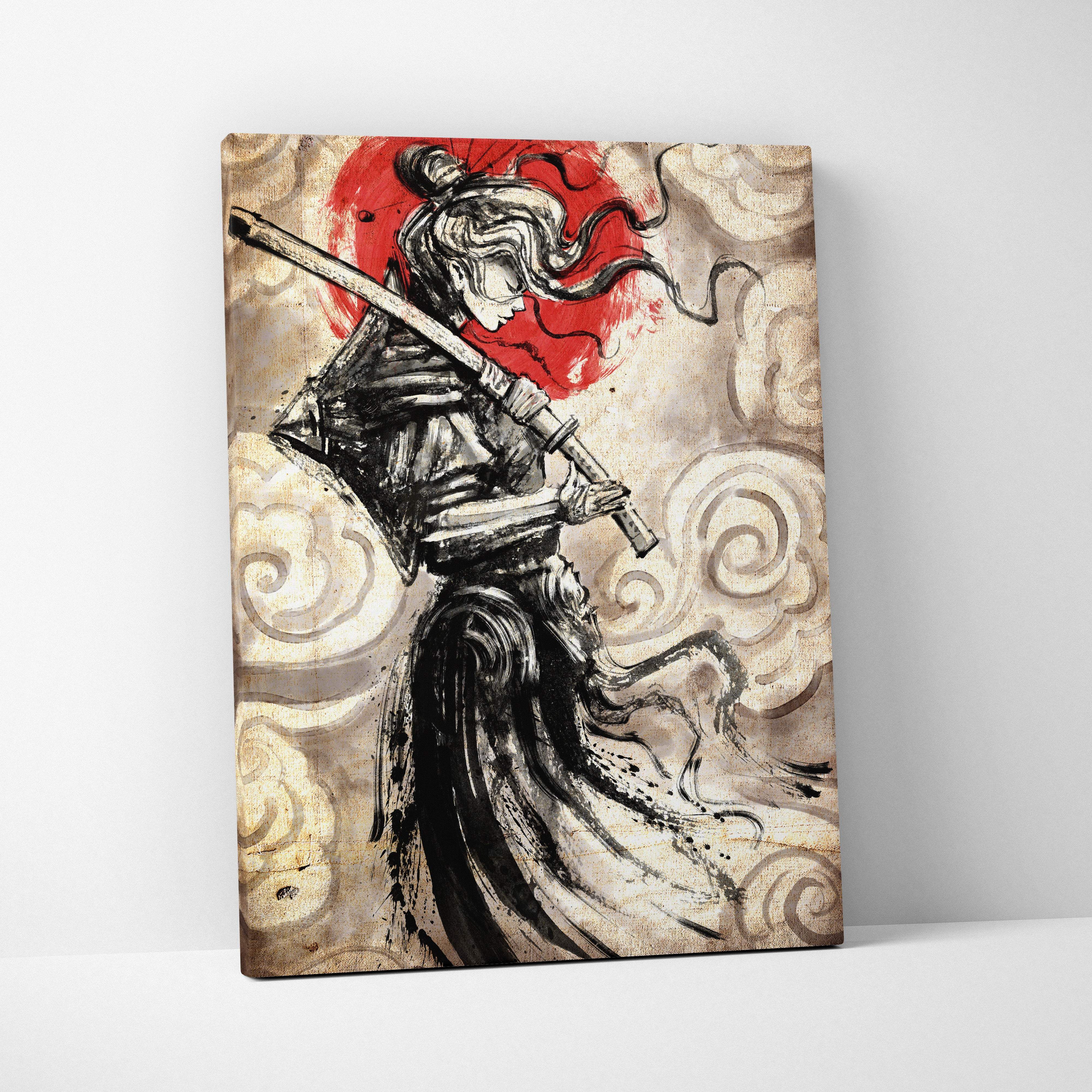 Female samurai canvas art featuring black and red ink-stroke illustration with swirling clouds and bold red sun motif