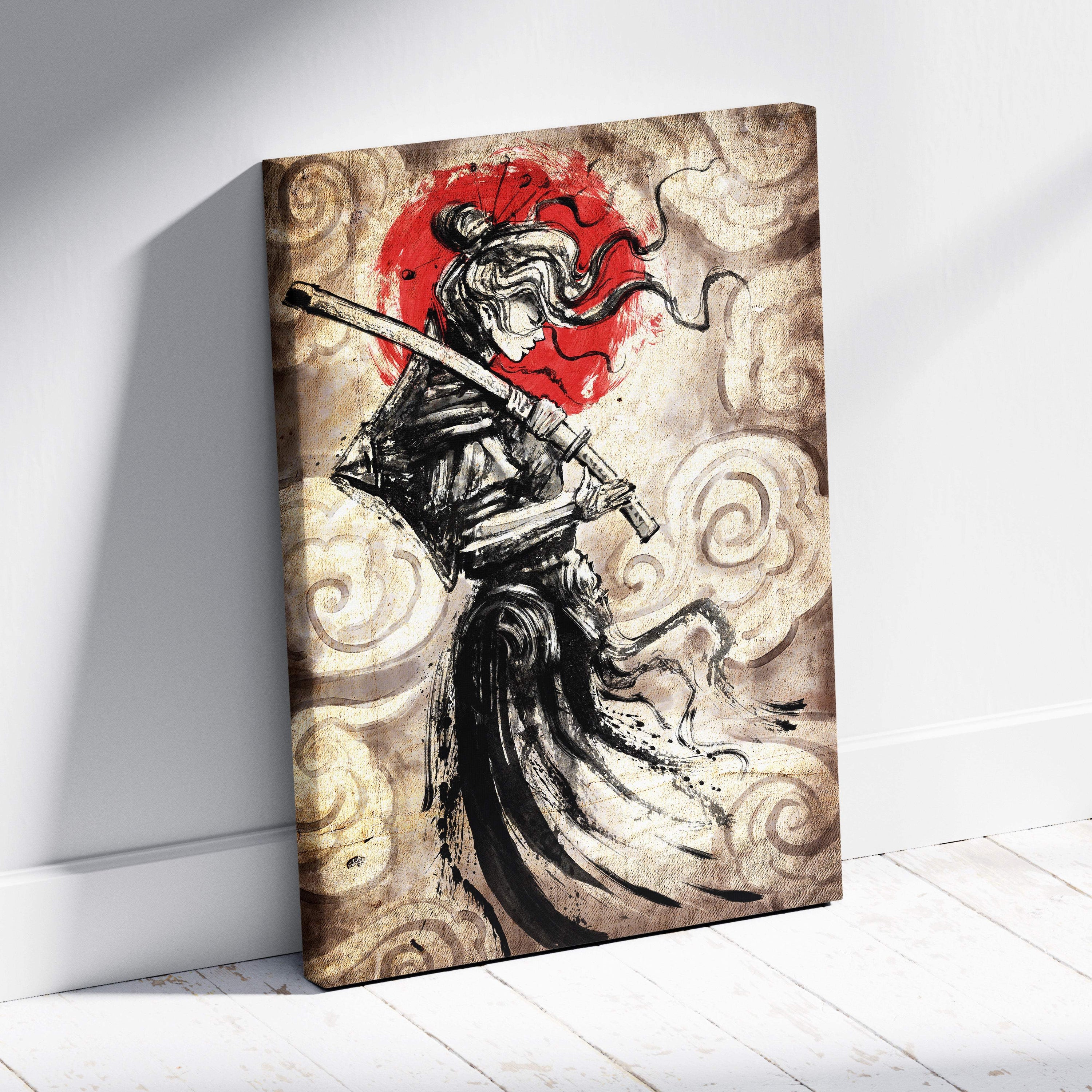 Stylized black and beige female samurai canvas art with a sword and red sun backdrop in minimalist traditional brush style