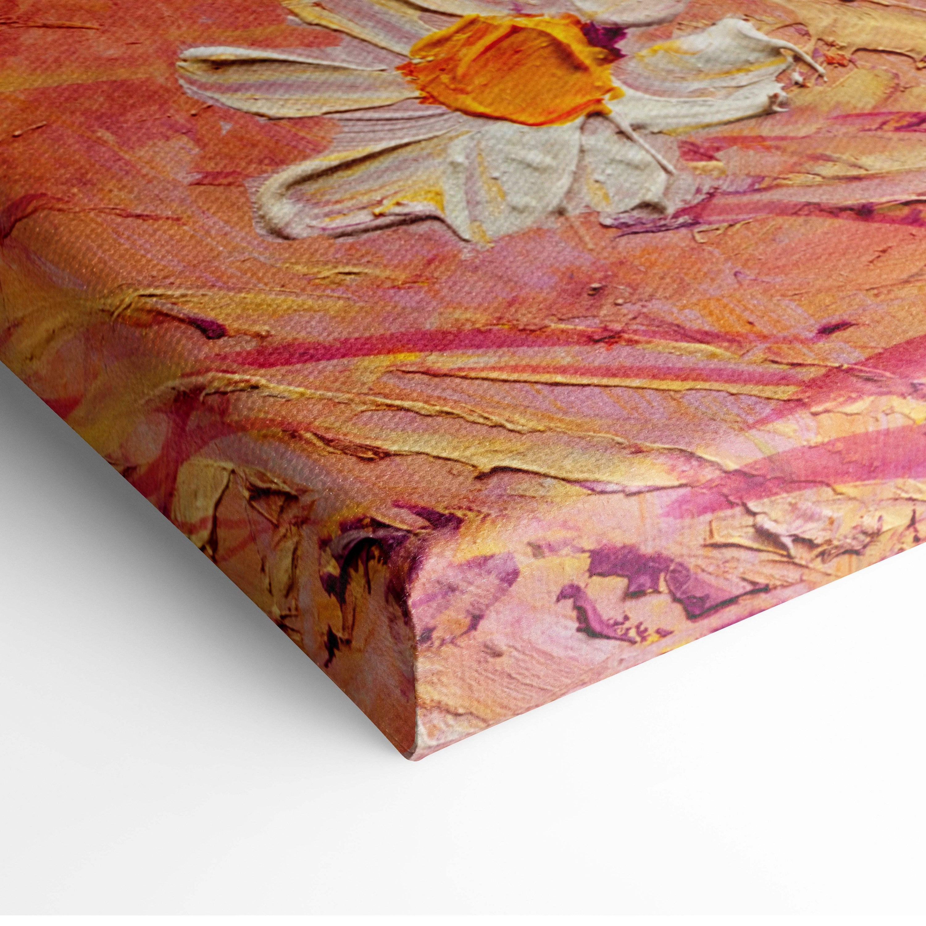 Butterfly and wildflower canvas print featuring a textured white daisy with orange center on warm pink and orange background
