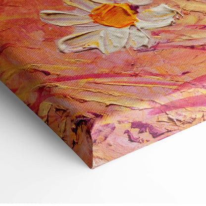 Butterfly and wildflower canvas print featuring a textured white daisy with orange center on warm pink and orange background