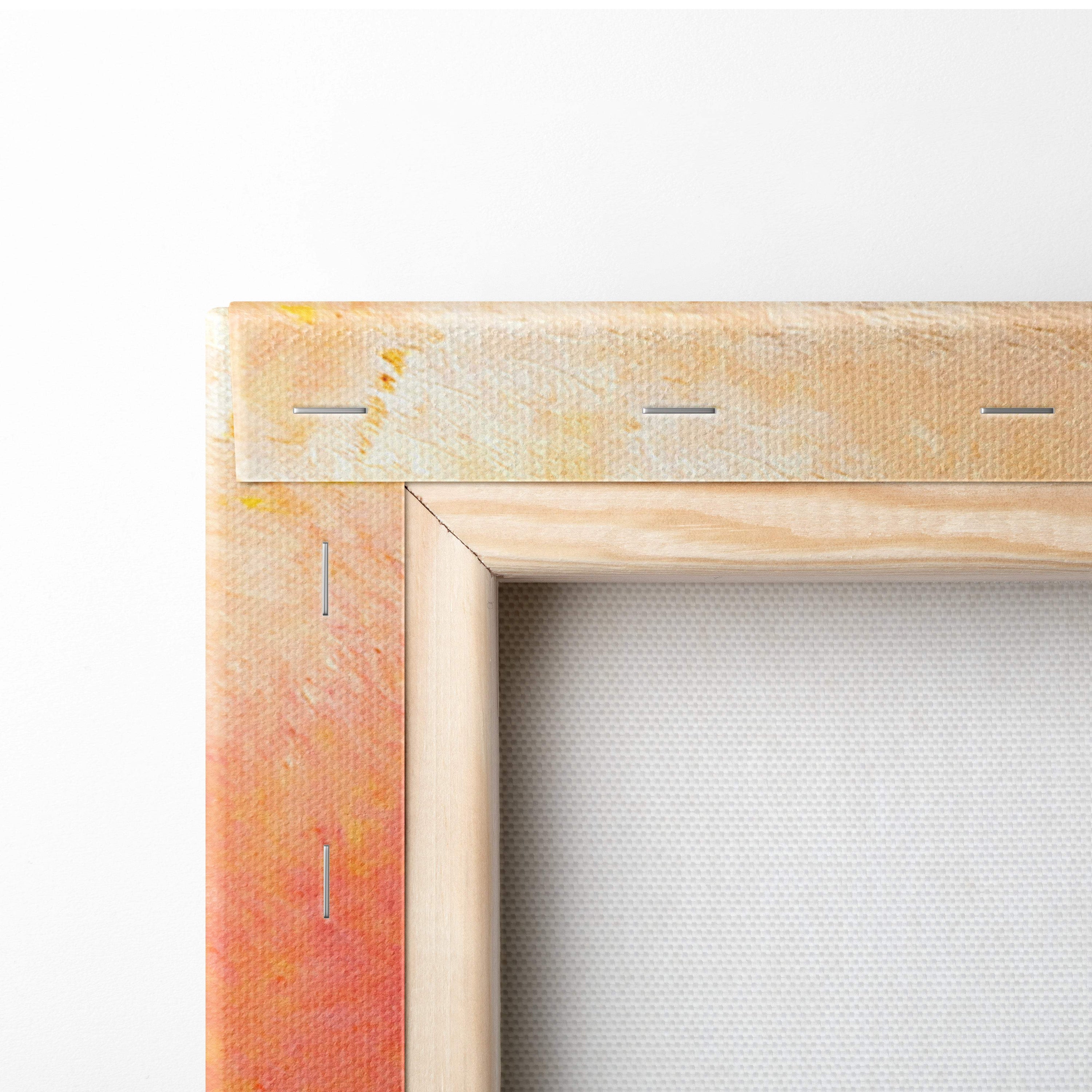 Wooden canvas frame with natural finish and visible stitching for butterfly and wildflower warm sunset canvas print