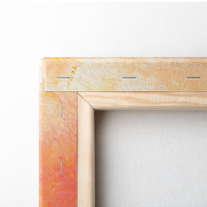 Wooden canvas frame with natural finish and visible stitching for butterfly and wildflower warm sunset canvas print