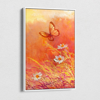 A framed butterfly and wildflower canvas print with orange and yellow sunset, white daisies, and an amber butterfly in flight