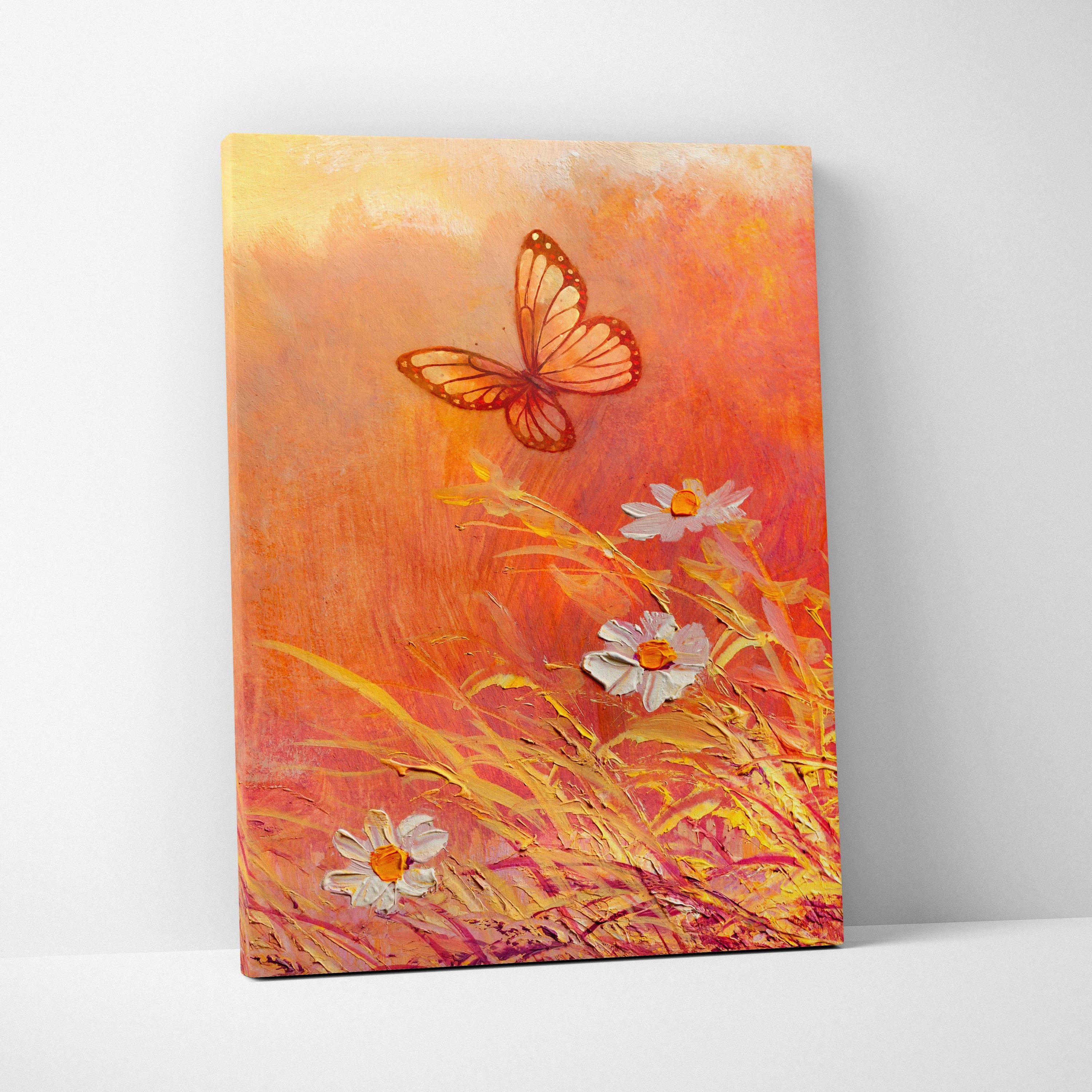 A vibrant orange and yellow butterfly and white daisies canvas print in warm sunset oil painting style