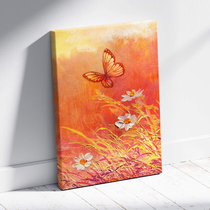 A vibrant orange and yellow butterfly and daisy canvas print in warm sunset tones modern impressionist wall art