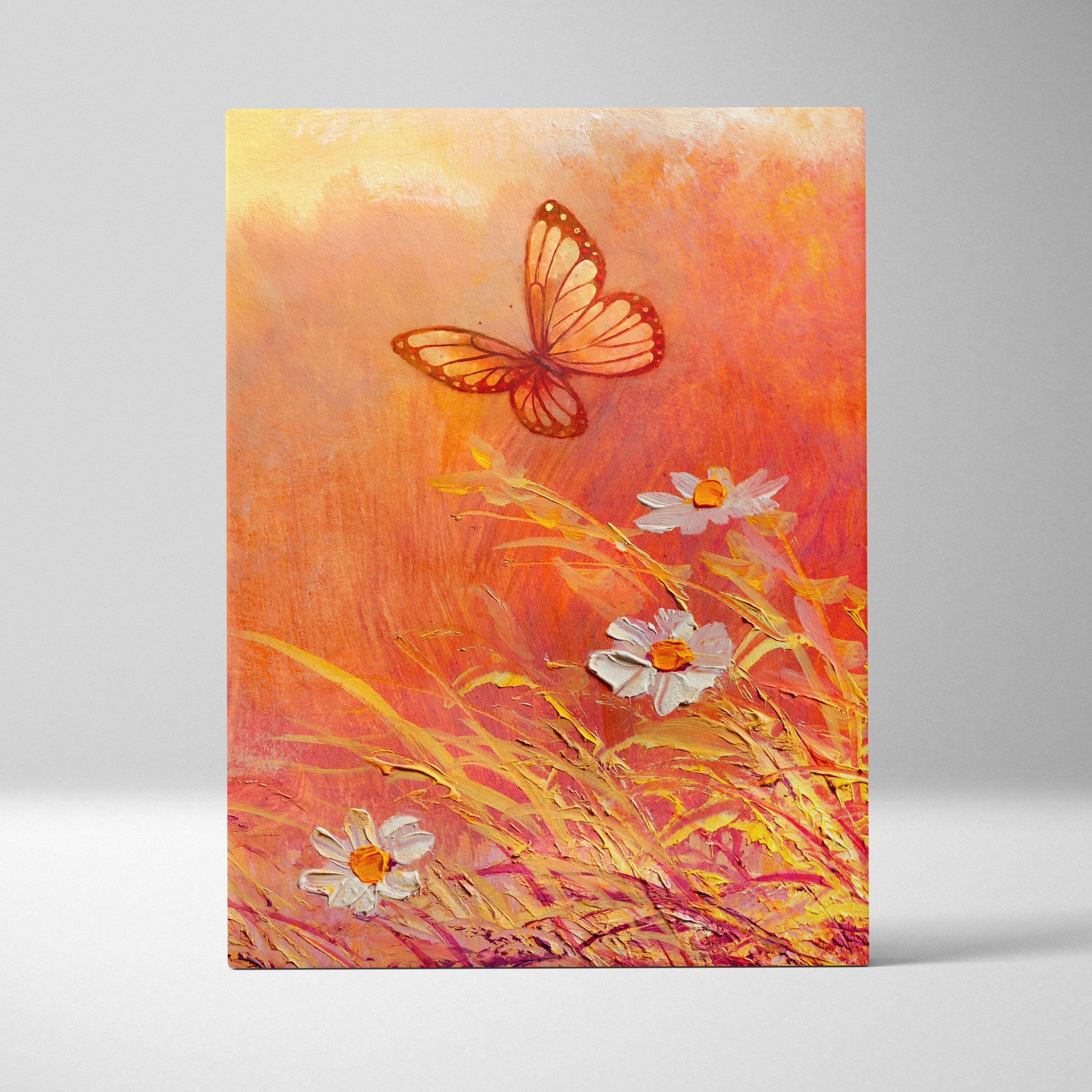 Butterfly and wildflower canvas print with vibrant orange and yellow butterfly above white daisies in golden grass oil painting