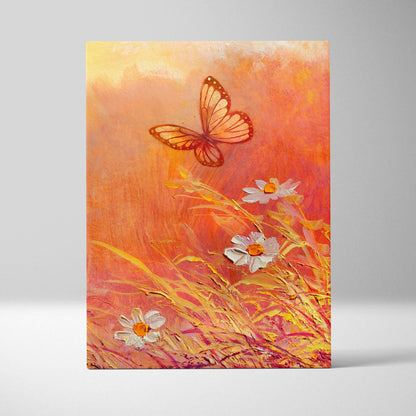 Butterfly and wildflower canvas print with vibrant orange and yellow butterfly above white daisies in golden grass oil painting
