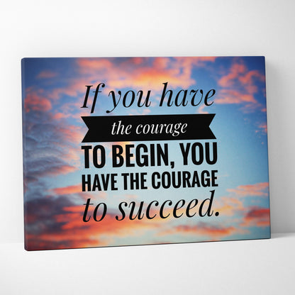 Motivational courage canvas wall art with pink and blue sunset and inspirational quote in black serif font on white background