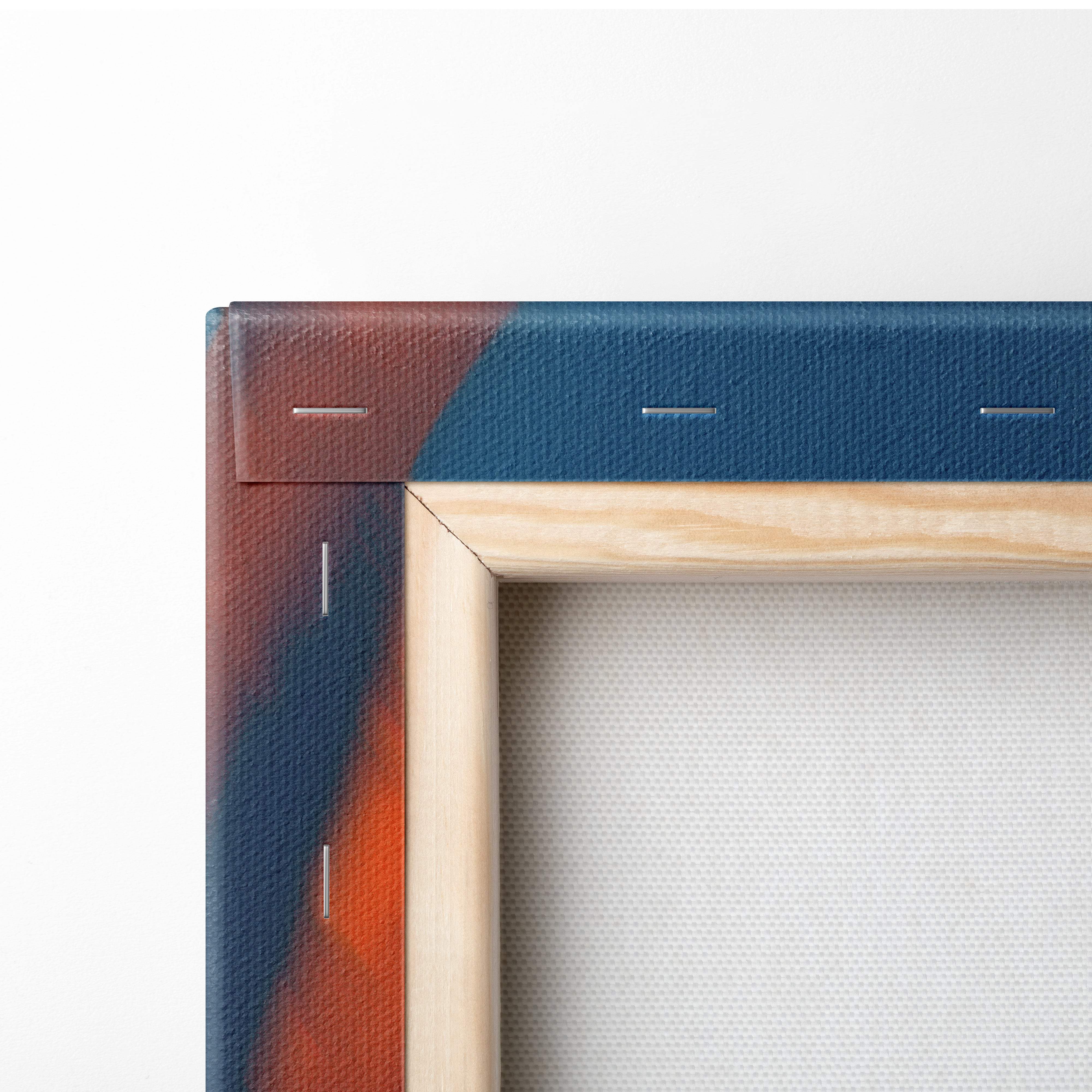 A wooden-framed canvas painting with textured blue orange and brown hues from epic dragon vs angel fantasy battle art
