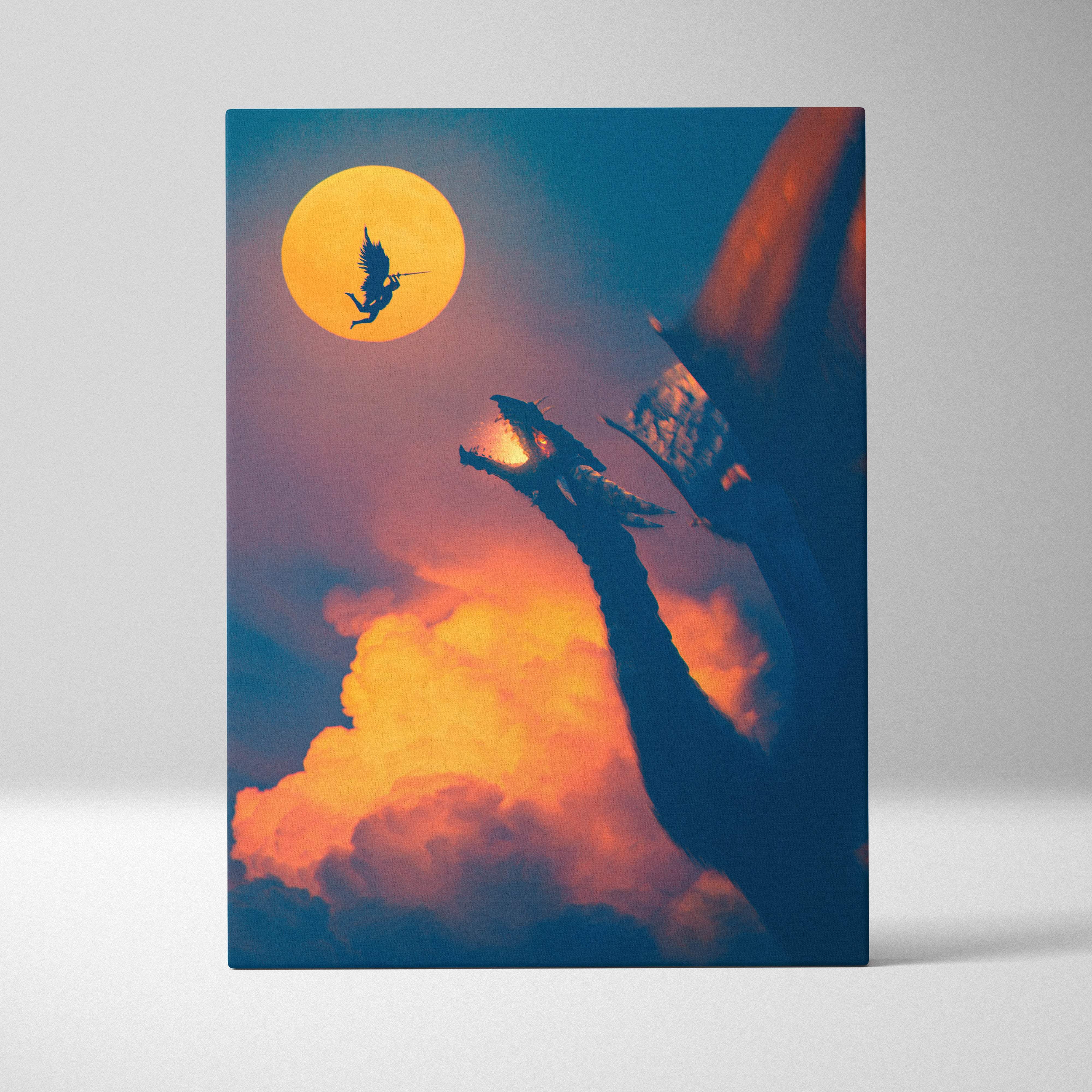 A rectangular canvas print of fiery orange and deep blue fantasy sky with silhouetted dragon claws and glowing moon