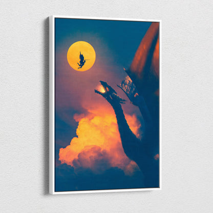 A framed canvas print showing a dramatic dragon and rider silhouette against a glowing moon and fiery orange clouds