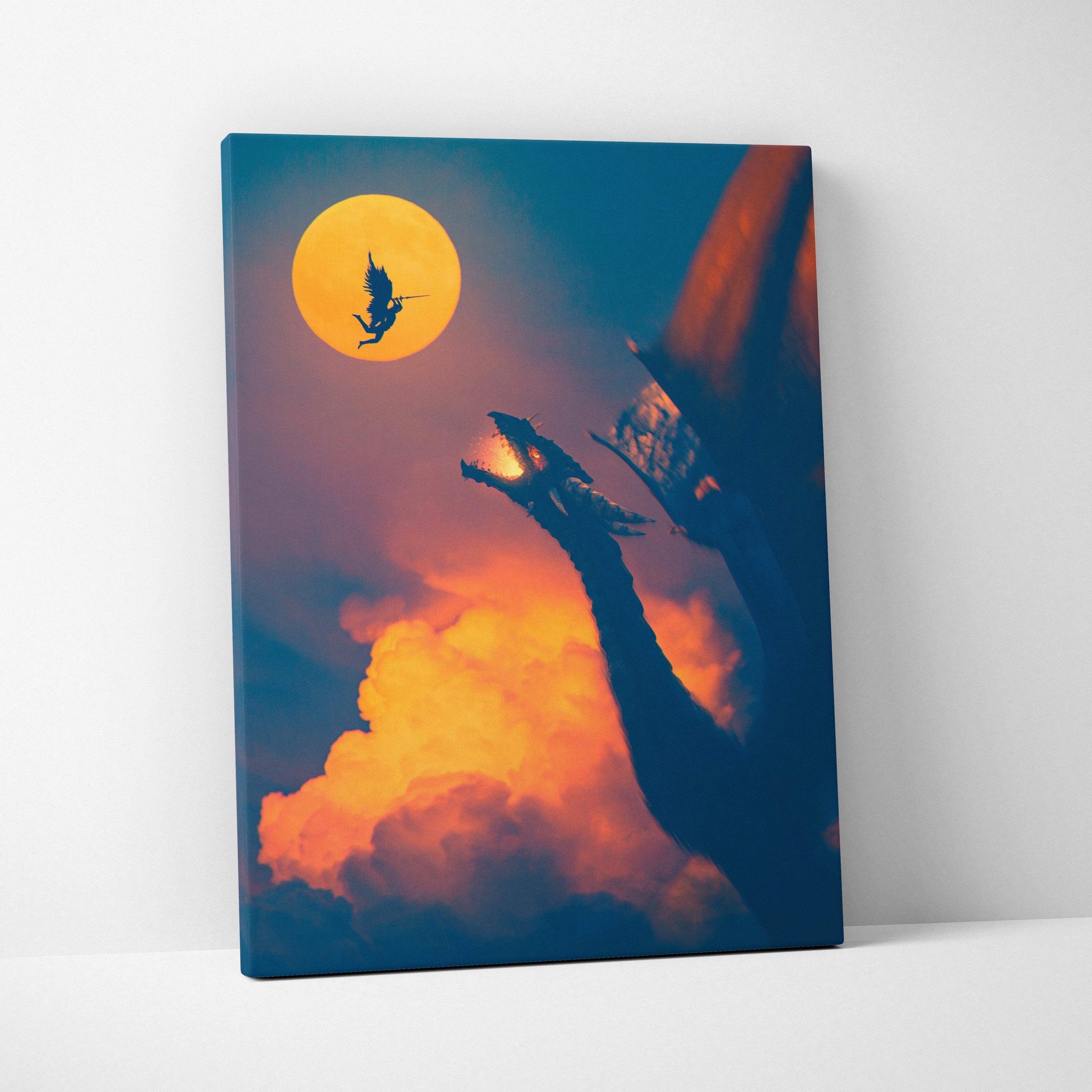 Epic dragon vs angel canvas art featuring a glowing yellow moon silhouetted wings and fiery orange clouds on vibrant print