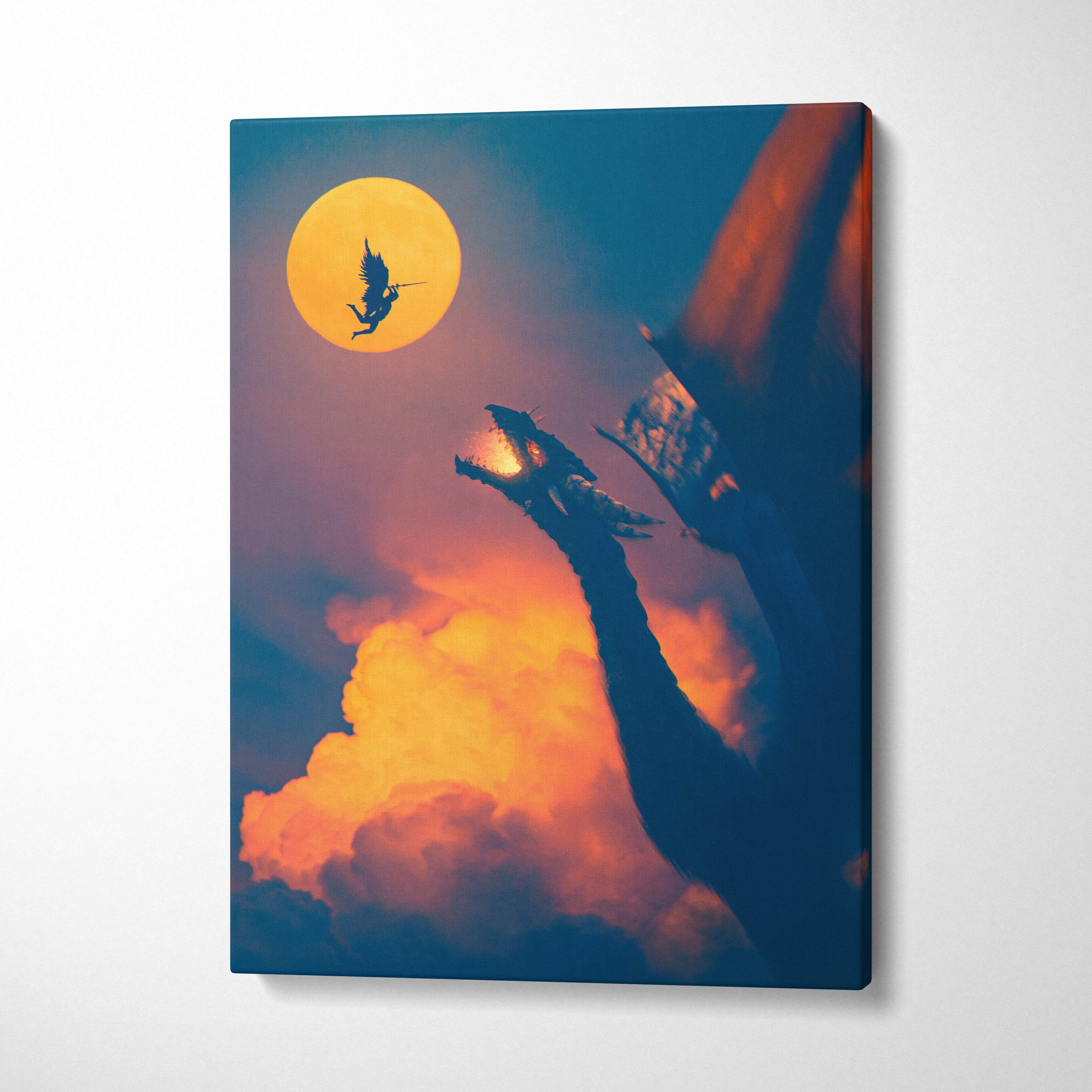 Canvas print of a dramatic dragon silhouette against a fiery orange and deep blue sunset sky with a glowing moon