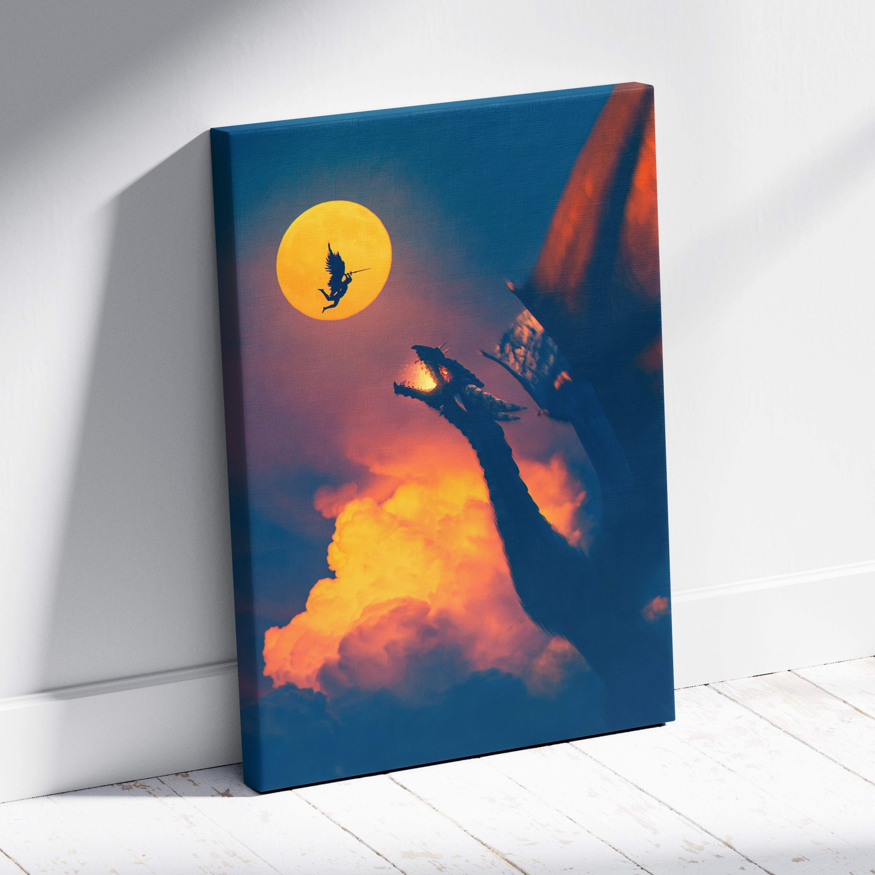 A vibrant canvas print of an epic dragon versus angel scene with fiery orange and deep blue sky and a glowing yellow moon