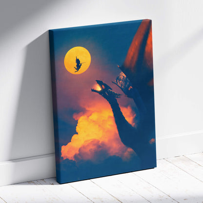 A vibrant canvas print of an epic dragon versus angel scene with fiery orange and deep blue sky and a glowing yellow moon