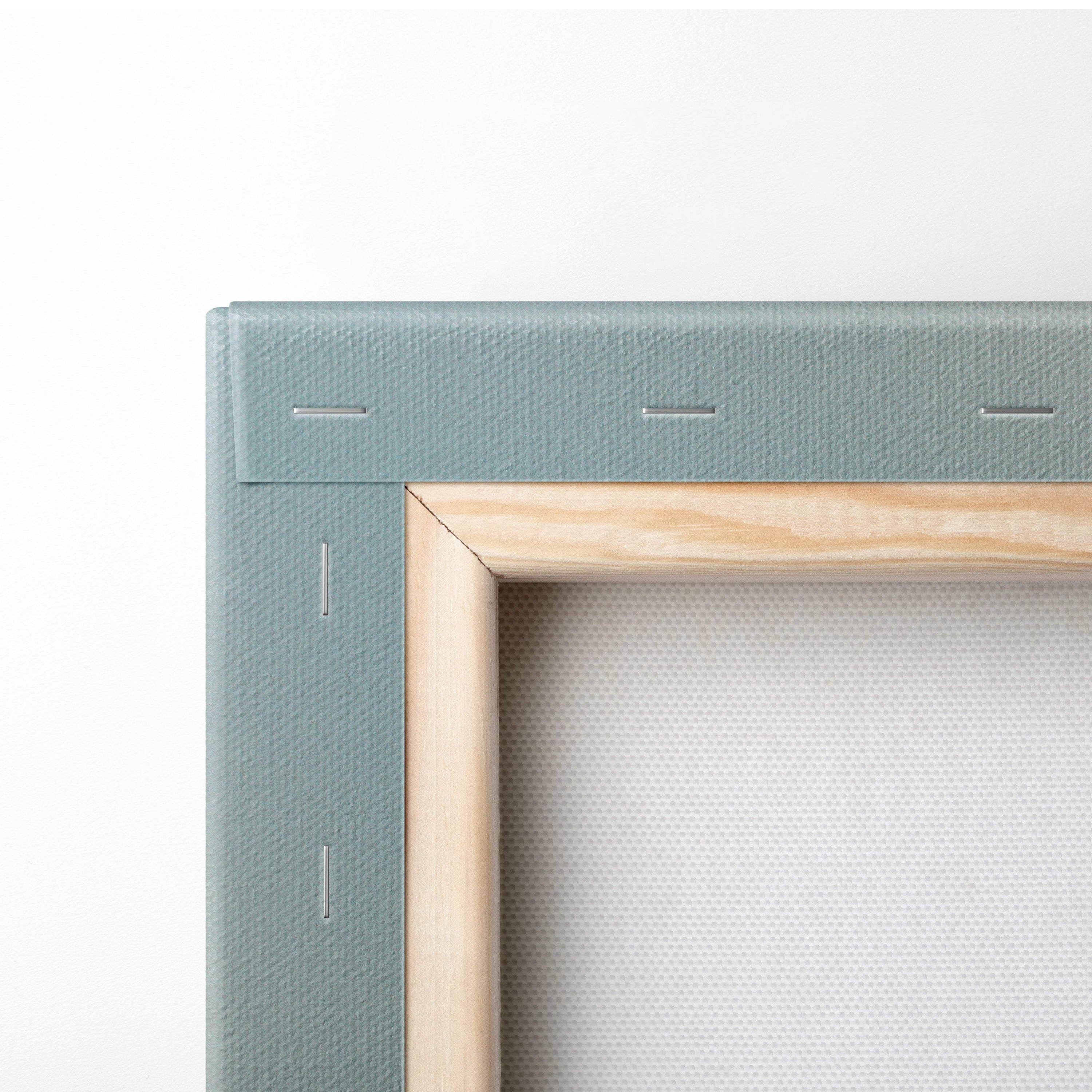 A light teal canvas frame with natural wood inner border featuring dark fantasy dragon wall art in a moody blue fog landscape
