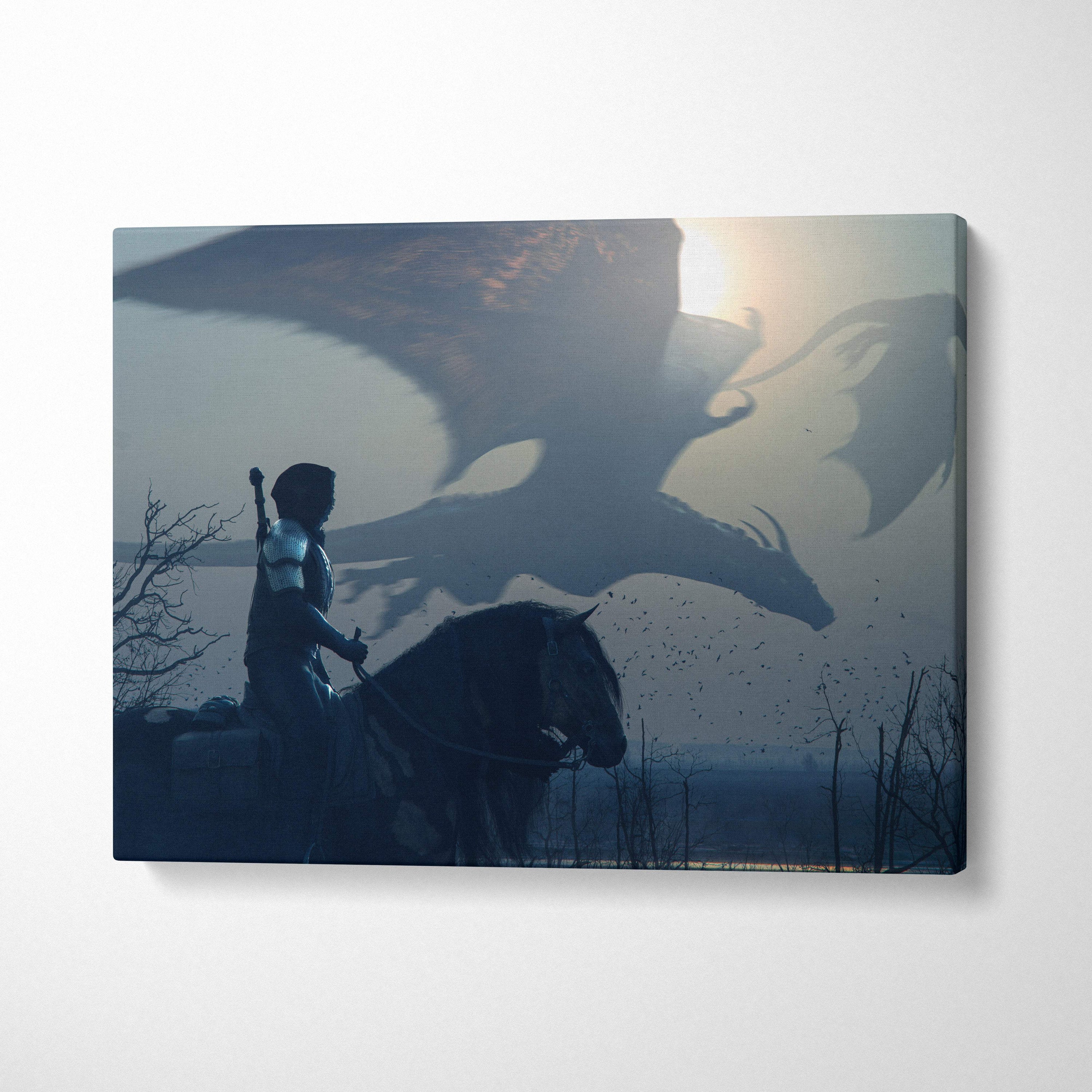 Canvas print featuring a knight on horseback silhouette with a dragon shadow over moody blue fog medieval scene