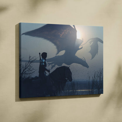 Canvas print of a knight on horseback facing two dragons in a moody blue fog landscape dark fantasy wall art