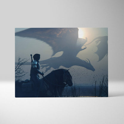 Dark fantasy dragon canvas wall art featuring a knight in dark armor and horse beneath a giant dragon in moody blue fog
