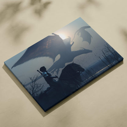 Blue-toned canvas wall art showing a knight on horseback facing a giant dragon in a moody blue fog medieval scene