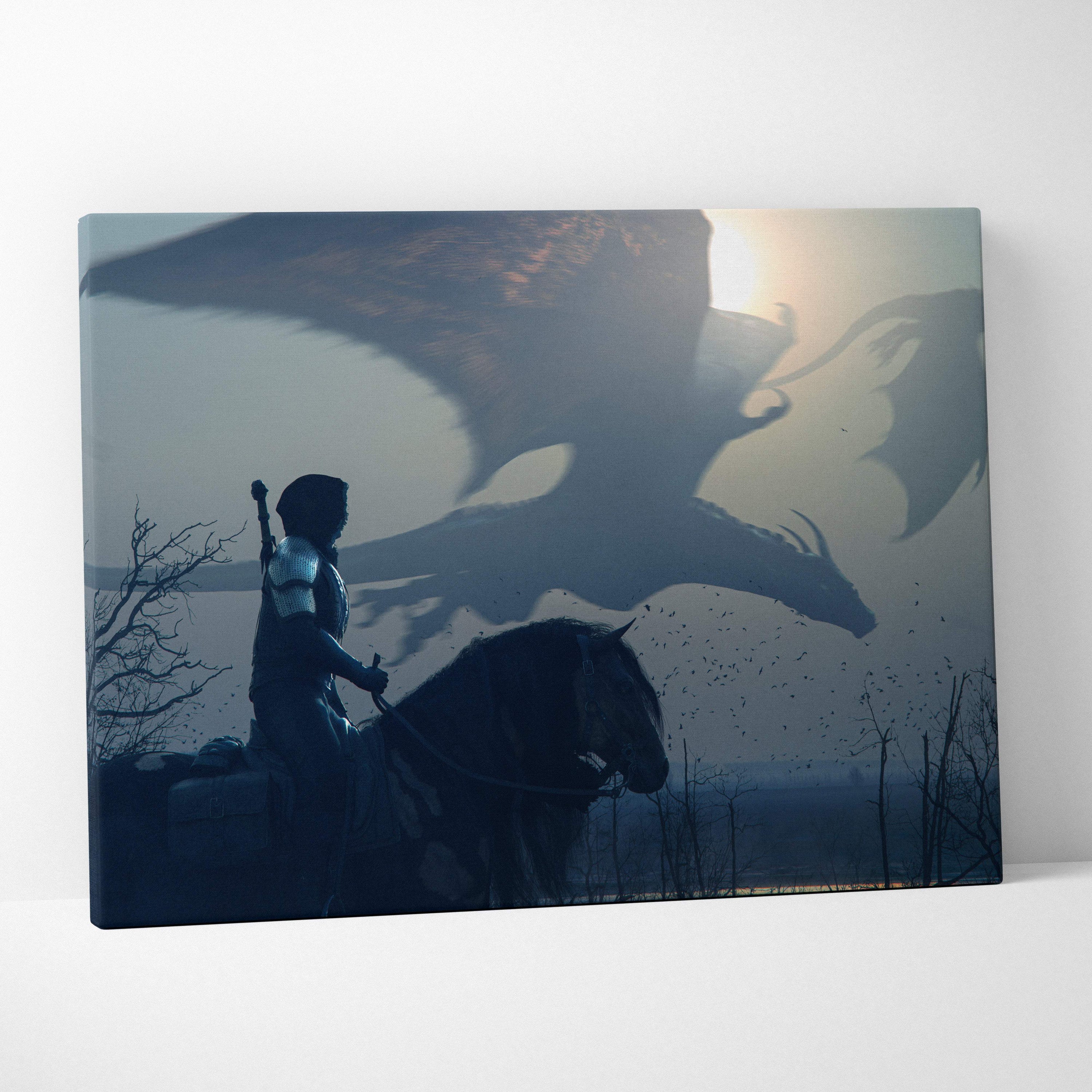 Dark blue canvas wall art depicting a knight on horseback facing giant dragons with moody blue fog landscape