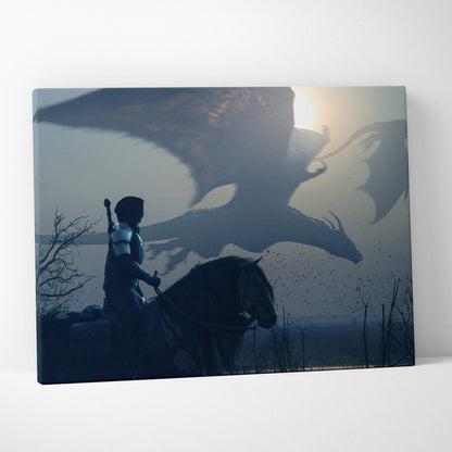 Dark blue canvas wall art depicting a knight on horseback facing giant dragons with moody blue fog landscape