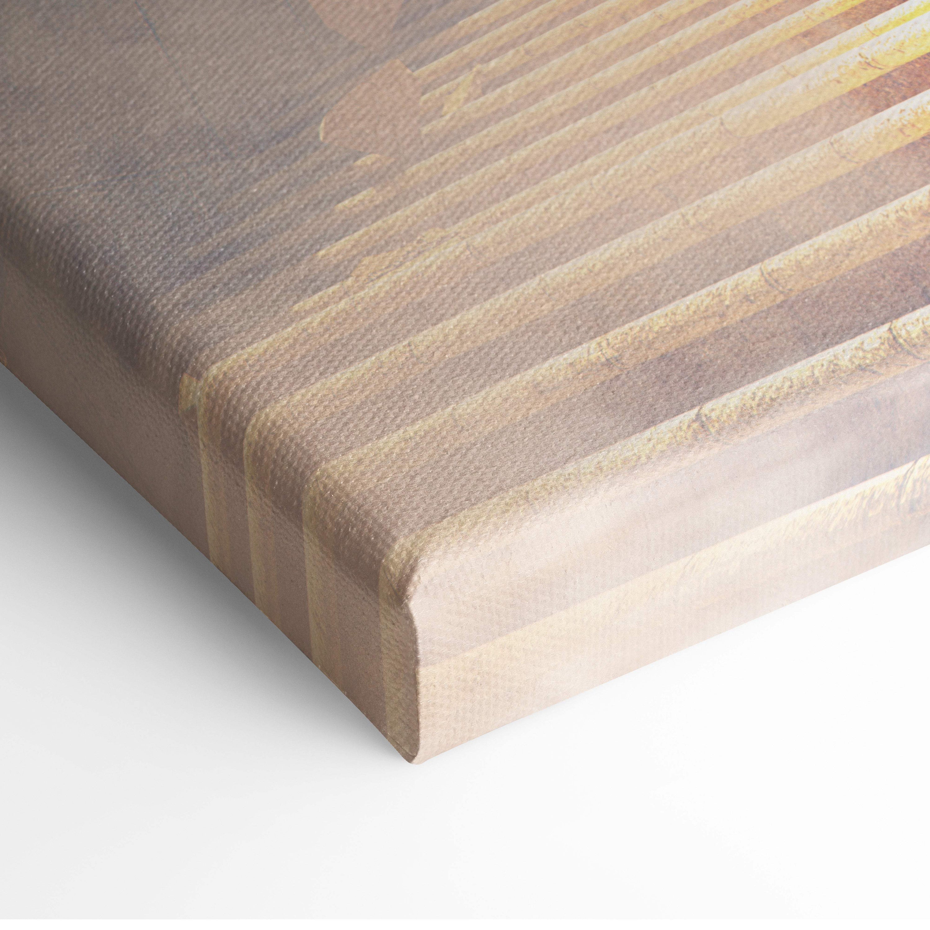 Canvas print featuring epic dragon over fortress with wood-grain texture in warm brown and golden sunlit tones