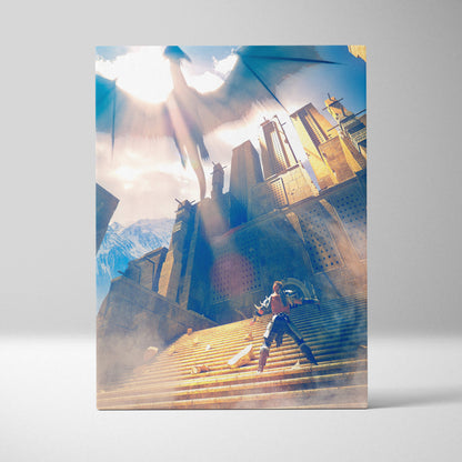 Rectangular canvas print of golden sunlit fantasy battle scene with warrior and dragon over stone fortress under blue sky