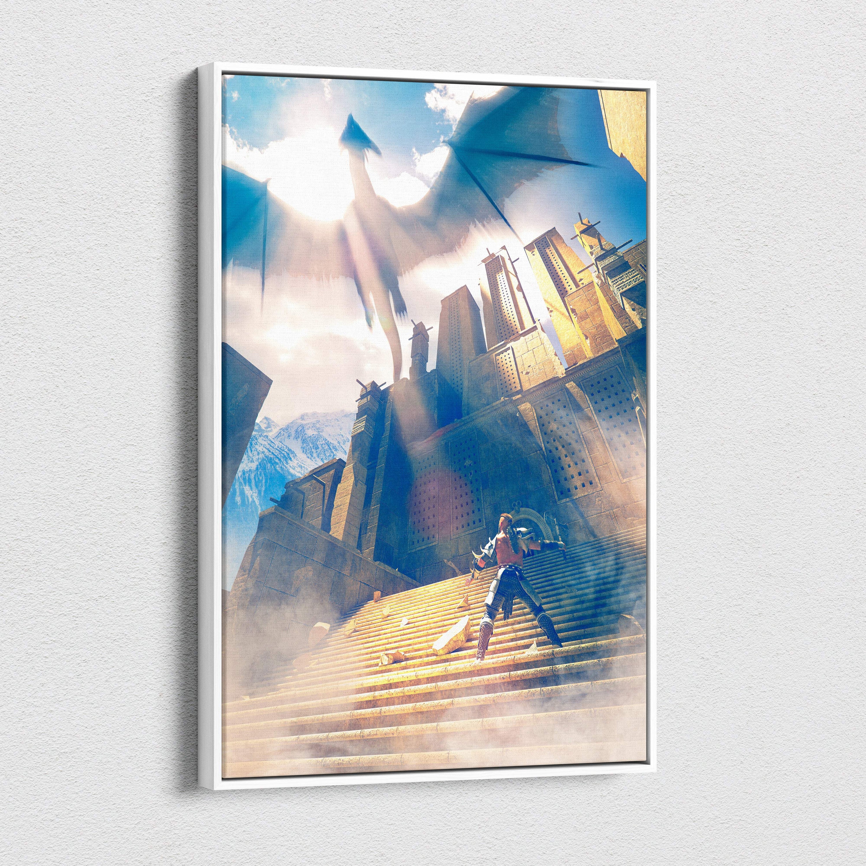 A framed canvas print of a golden sunlit fantasy dragon soaring above ancient stone architecture with a lone warrior