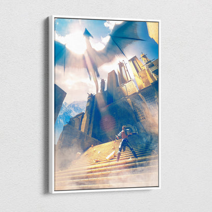 A framed canvas print of a golden sunlit fantasy dragon soaring above ancient stone architecture with a lone warrior