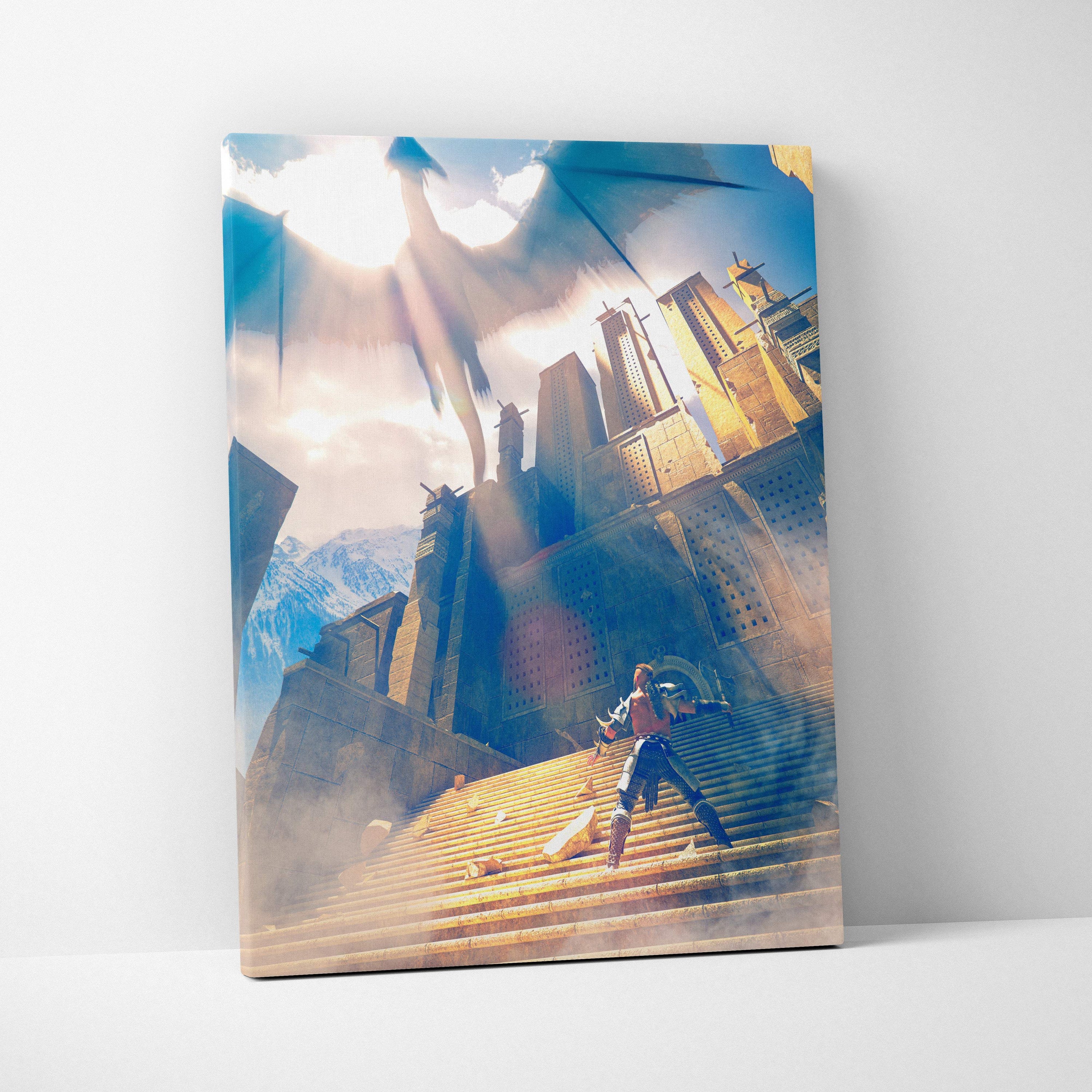 A vibrant framed canvas print of a golden sunlit dragon above stone steps and city spires in a medieval fantasy scene