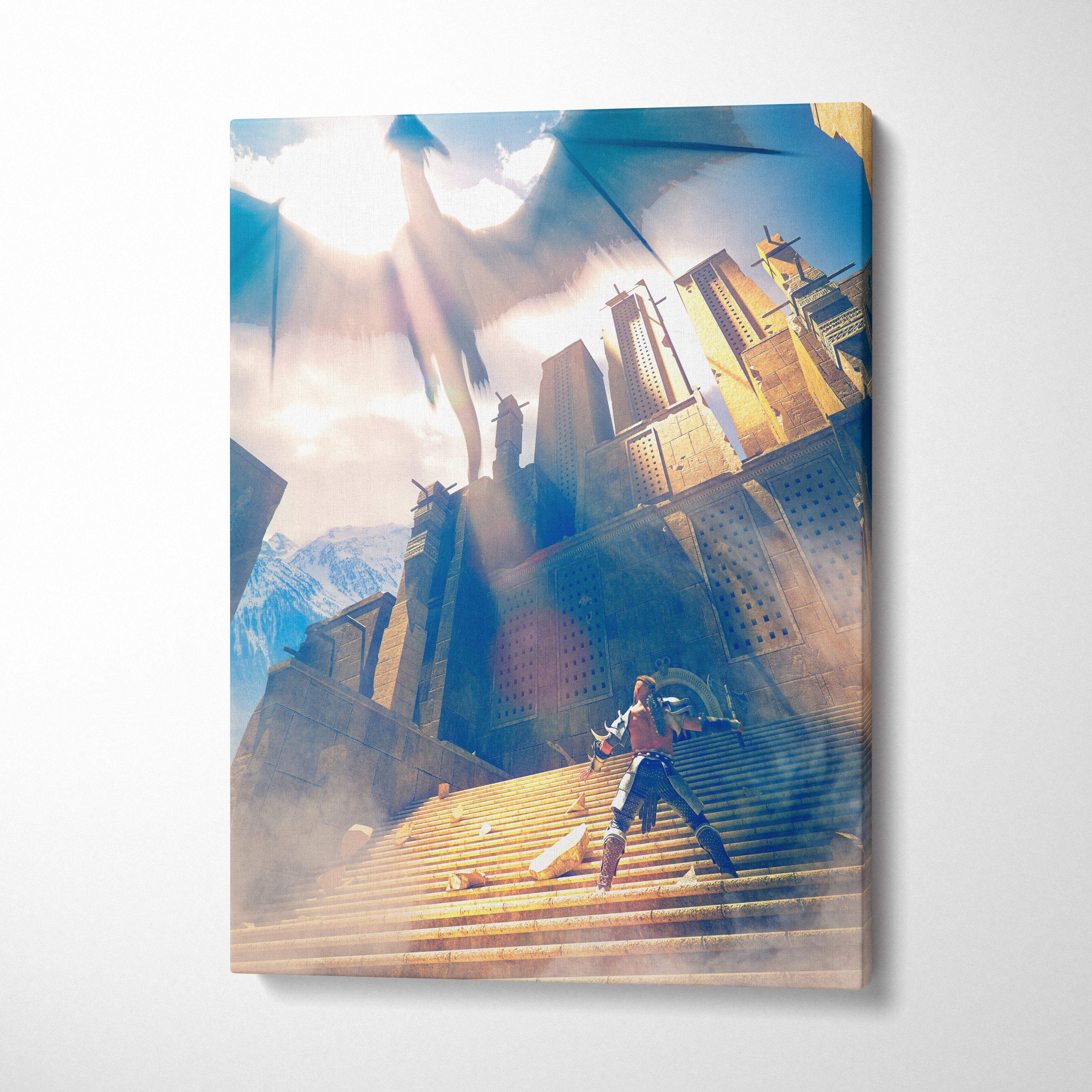 A vibrant fantasy canvas print showing a warrior on stone steps beneath a dragon with golden city spires and mountains