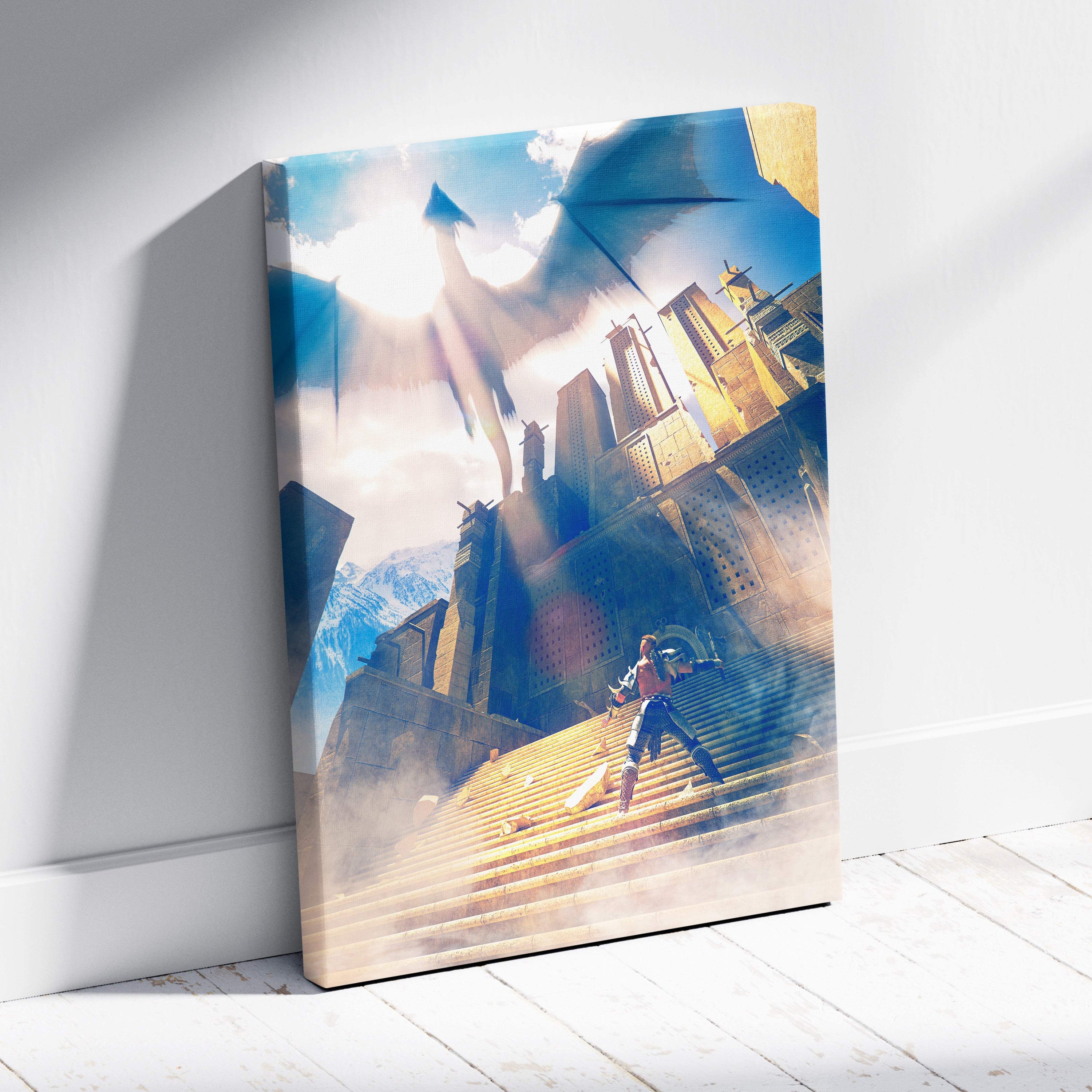 Vibrant canvas print of a dragon soaring above ancient stone architecture with a warrior on grand steps in golden sunlight