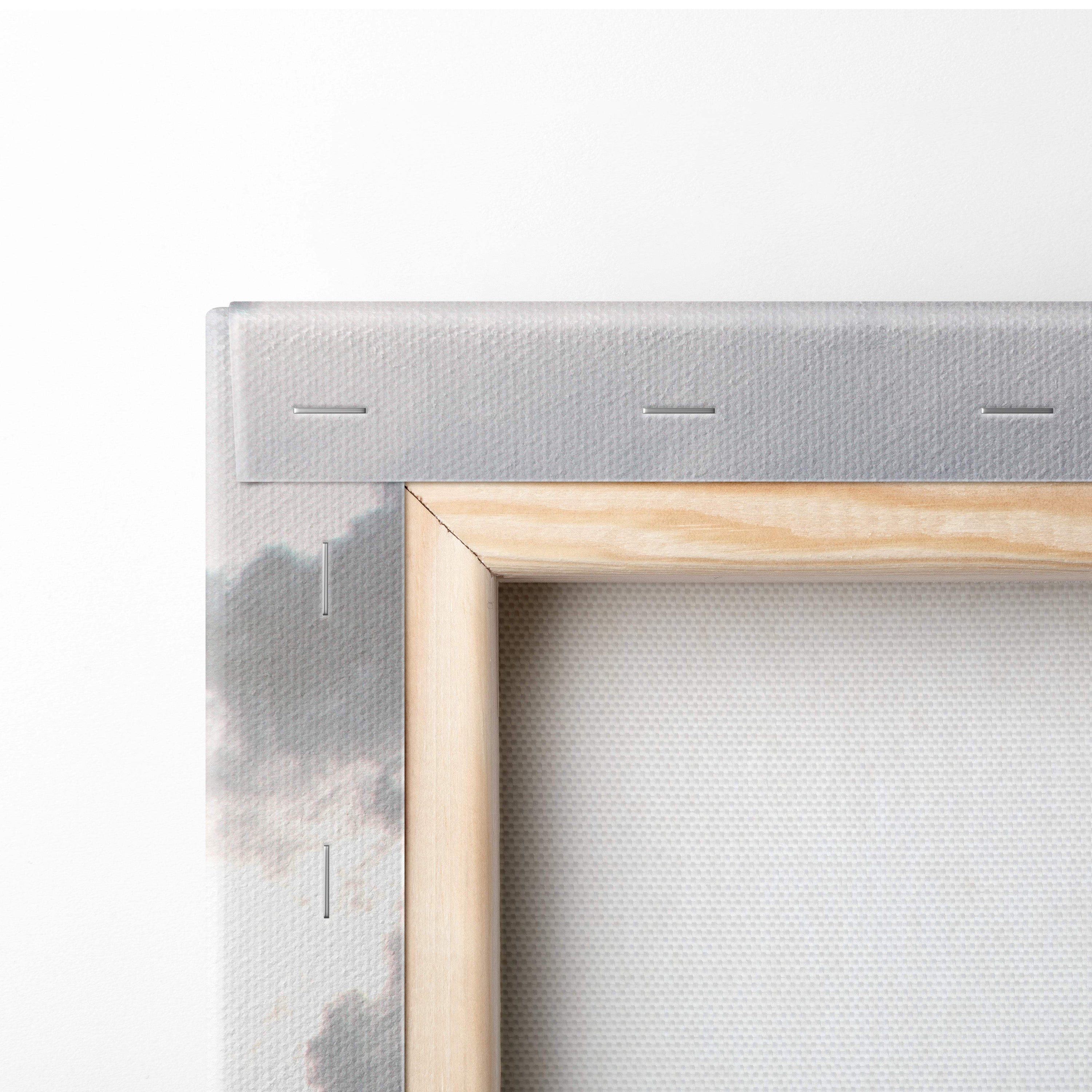 Light wood-framed canvas art with gray textured border and cloud pattern featuring mystic norse rune tree design