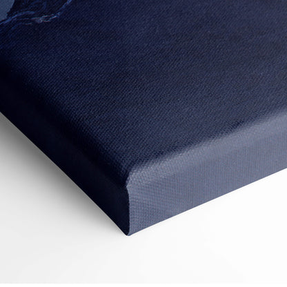 Deep navy canvas print with textured woven surface and raised edges featuring mystic norse rune tree artwork