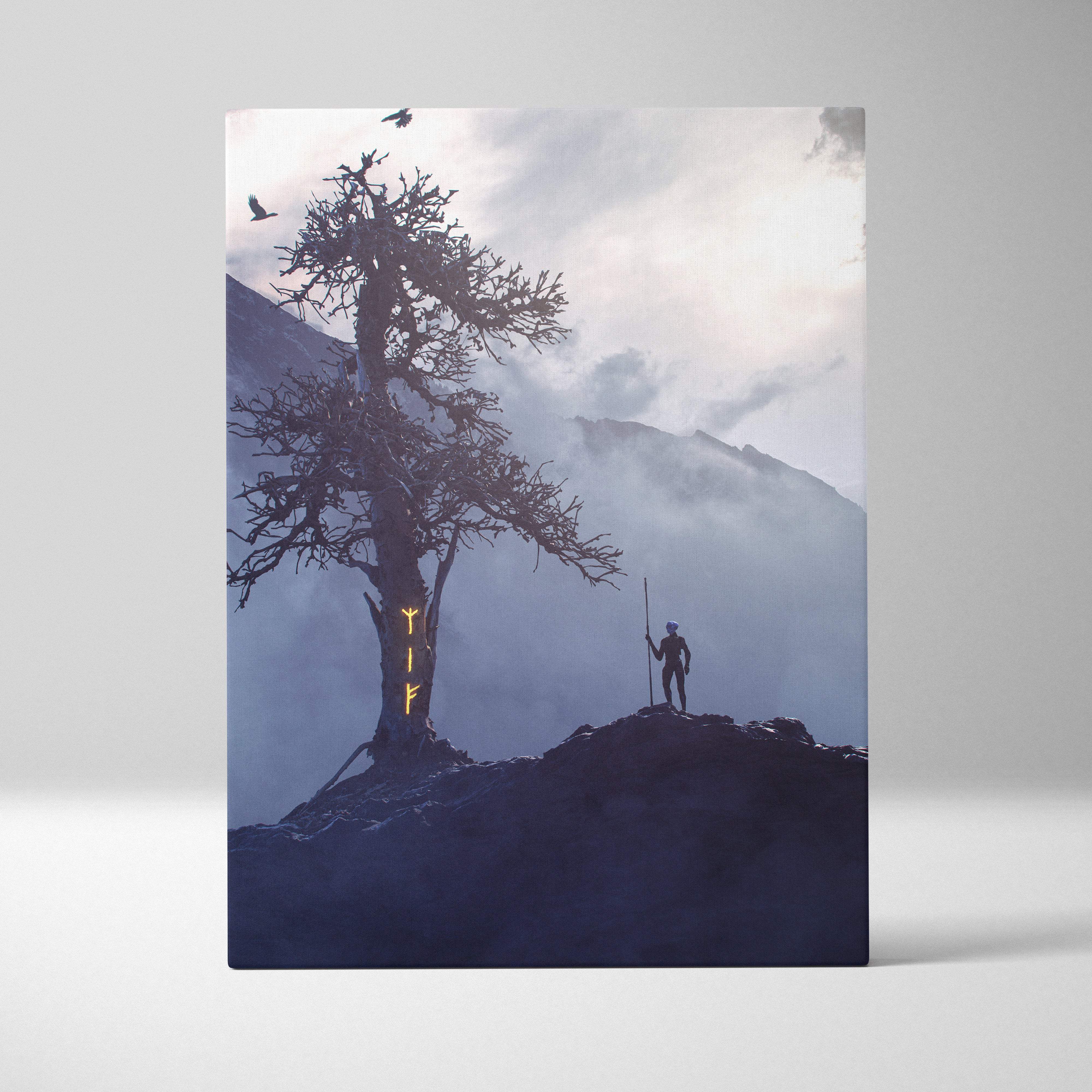 Mystic norse rune tree canvas art with glowing yif letters on a gnarled tree against foggy blue mountains