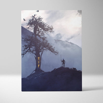 Mystic norse rune tree canvas art with glowing yif letters on a gnarled tree against foggy blue mountains