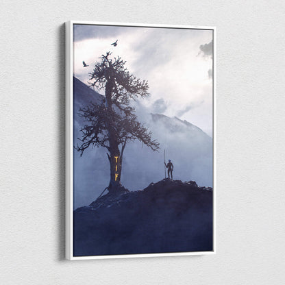 White-framed canvas art showing a lone figure on a rocky outcrop beside a glowing norse rune tree in a foggy blue landscape