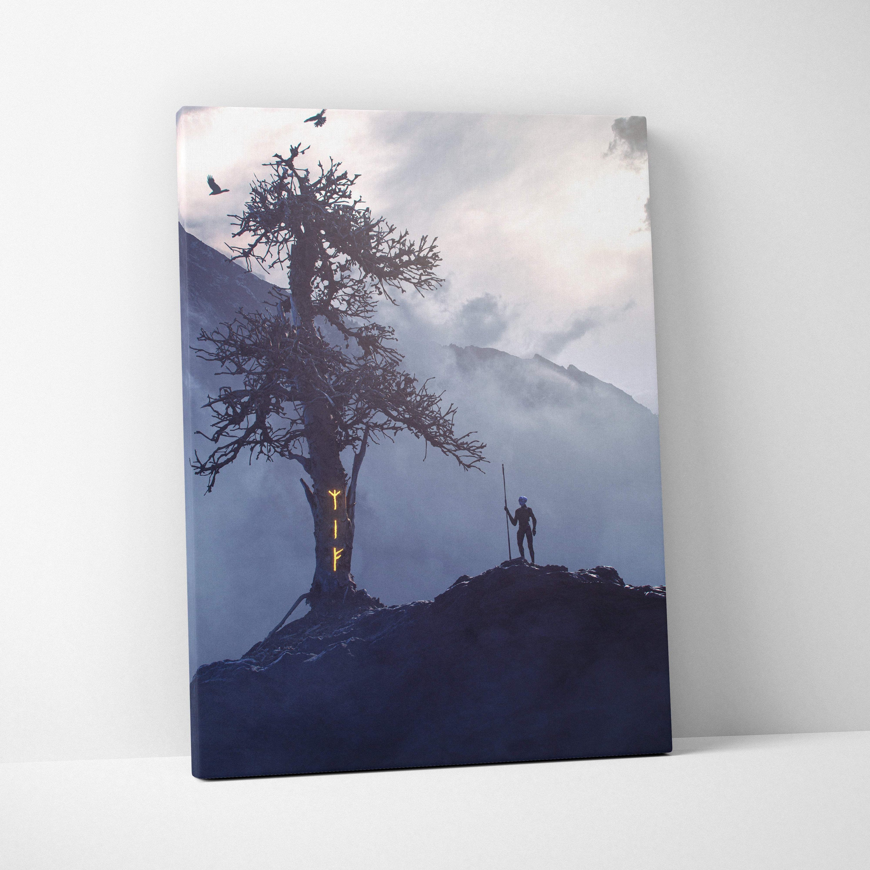 Mystic norse rune tree canvas art with glowing runes and viking silhouette on foggy blue mountain landscape