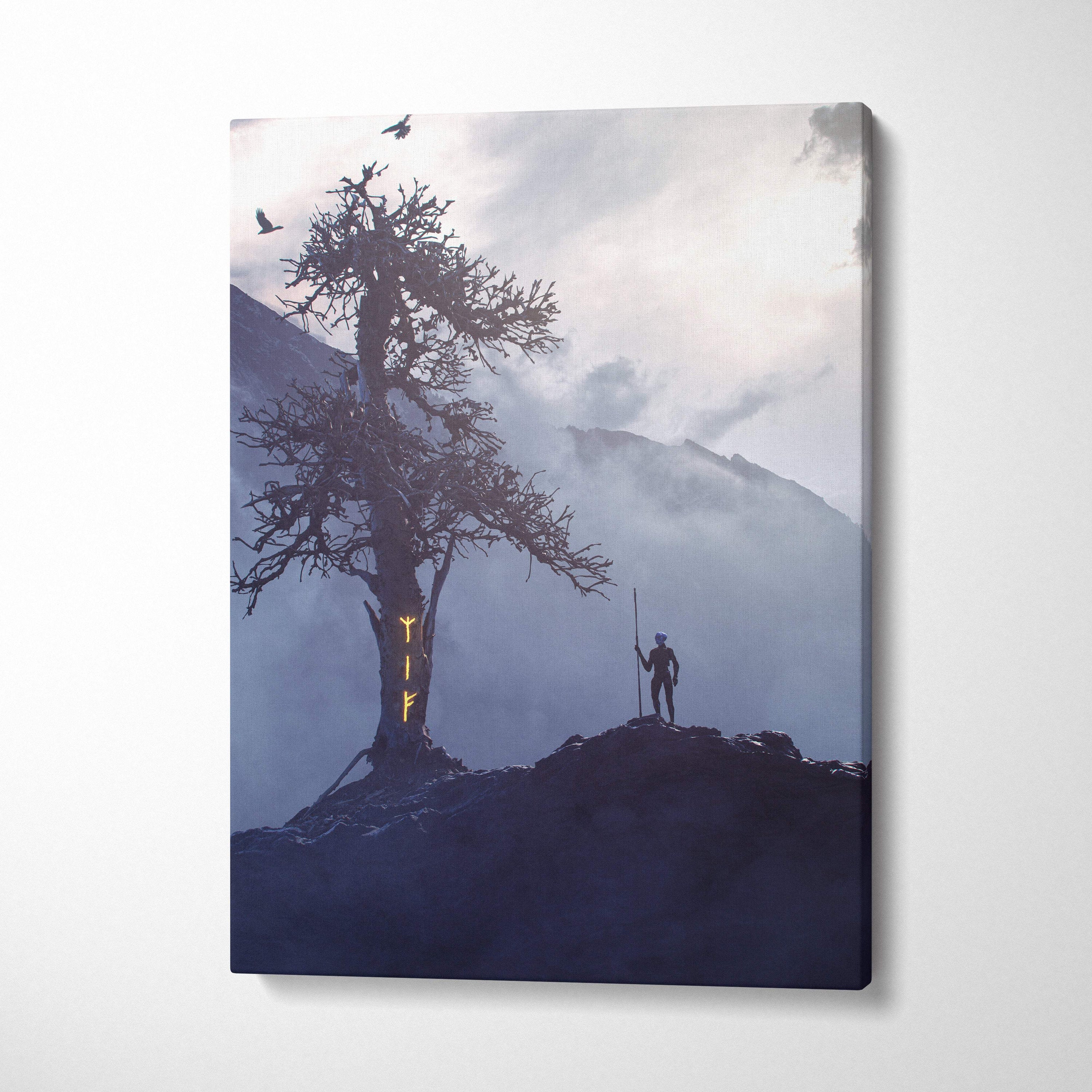 A canvas print of a lone figure by a glowing rune tree on a foggy blue mountain in dark fantasy norse style