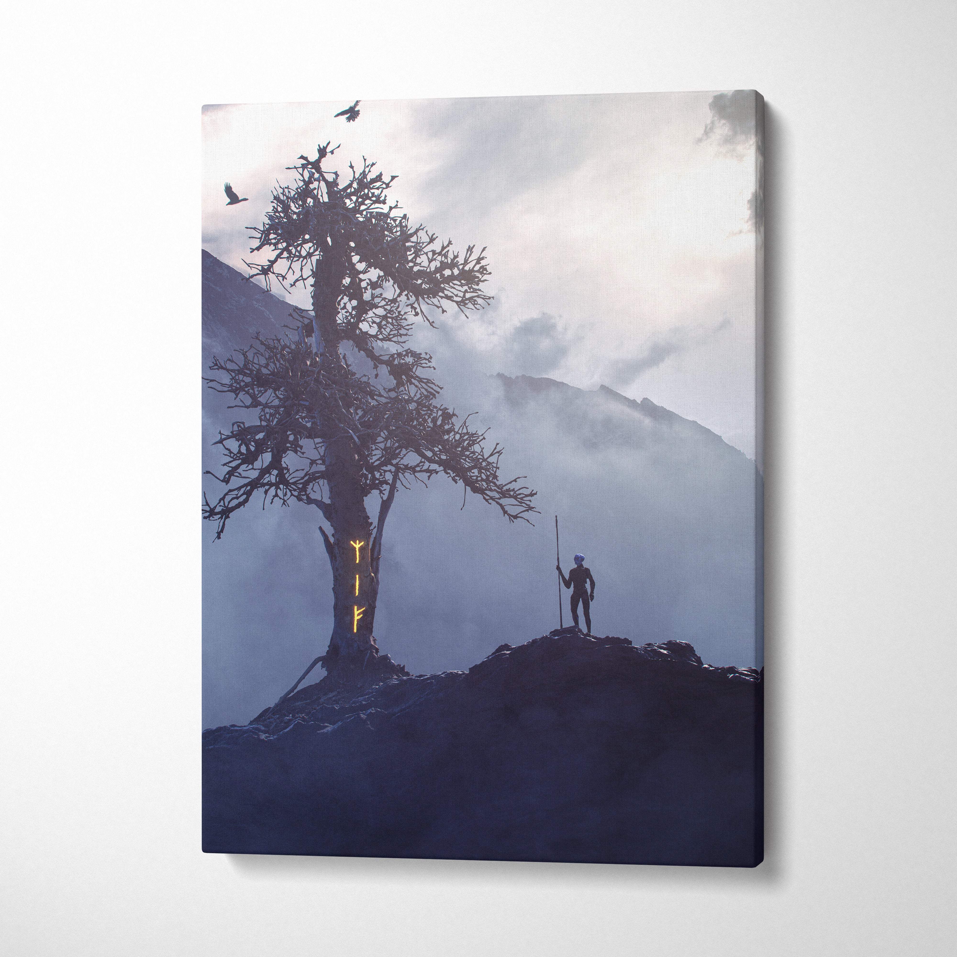A canvas print of a lone figure by a glowing rune tree on a foggy blue mountain in dark fantasy norse style