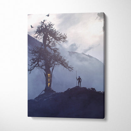 A canvas print of a lone figure by a glowing rune tree on a foggy blue mountain in dark fantasy norse style