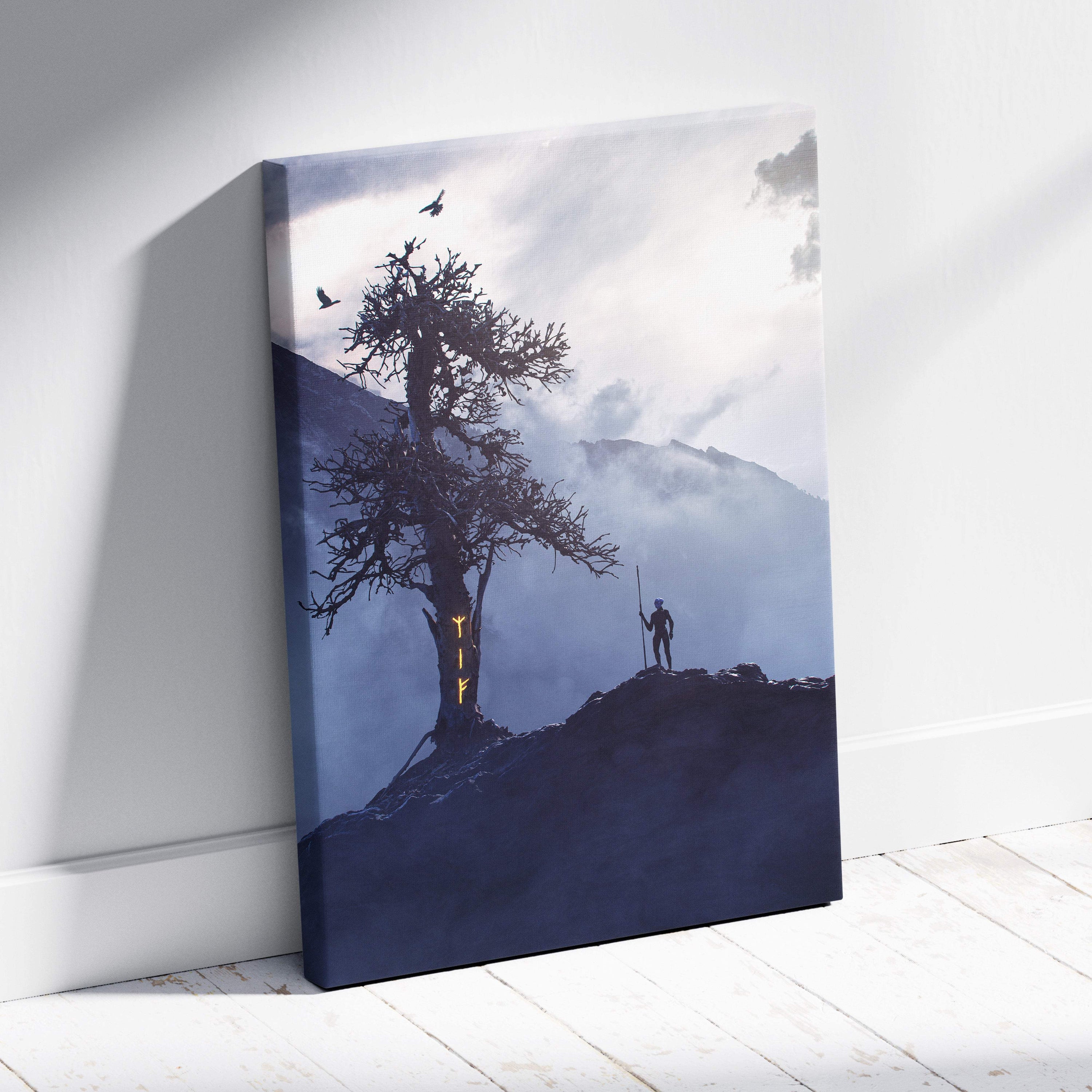 Dark blue canvas print of a mystic norse rune tree with a viking silhouette on a foggy mountain landscape