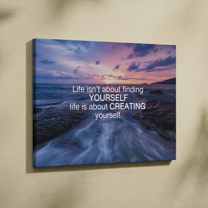 A vibrant ocean sunset canvas print with white motivational text for bedroom office or living room decor