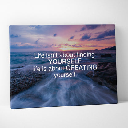Inspirational ocean sunset canvas print with vibrant orange waves and motivational life is about creating yourself quote