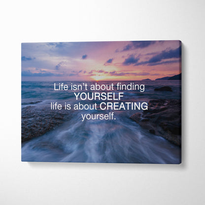 Inspirational ocean sunset canvas wall art with serene orange ocean view and motivational life is about creating yourself quote